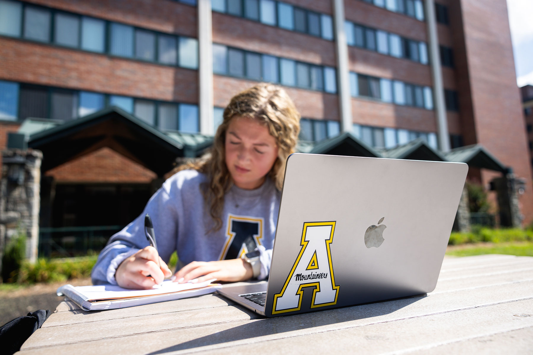 Student studying at laptop outside